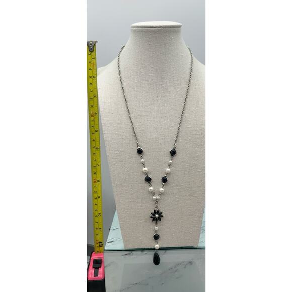Charming Charlie Silver Tone Faux Pearl & Black Rhinestone Y Drop Necklace - Picture 3 of 4